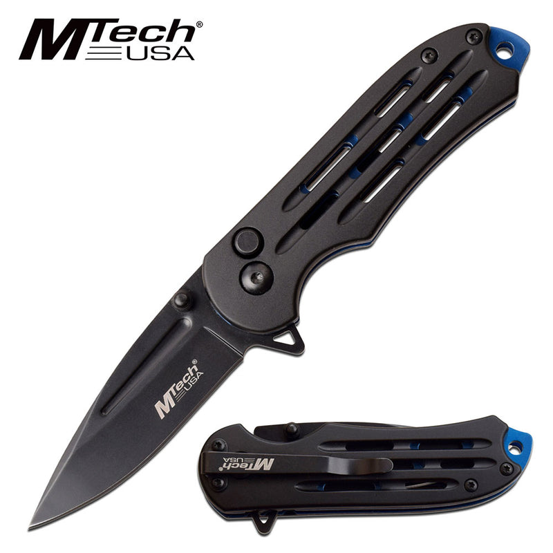 Action Closing Ball Bearing  Mtech Folder  99mm Closed.  3CR13 Stainless Blade - Length 66mm  Black Blade & Handle with Blue Lanyard Attachment  With Clip