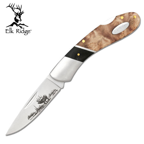 Burl Wood Handle Folder Knife M14 Elk Ridge